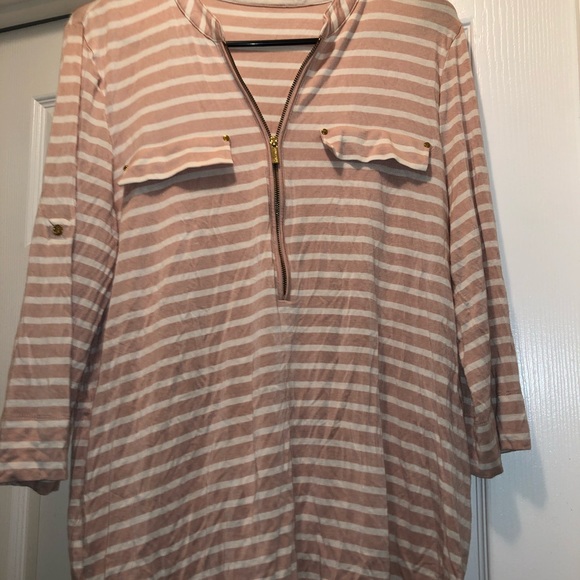 Pale pink and white striped 3/4 sleeve blouse. - Picture 2 of 3